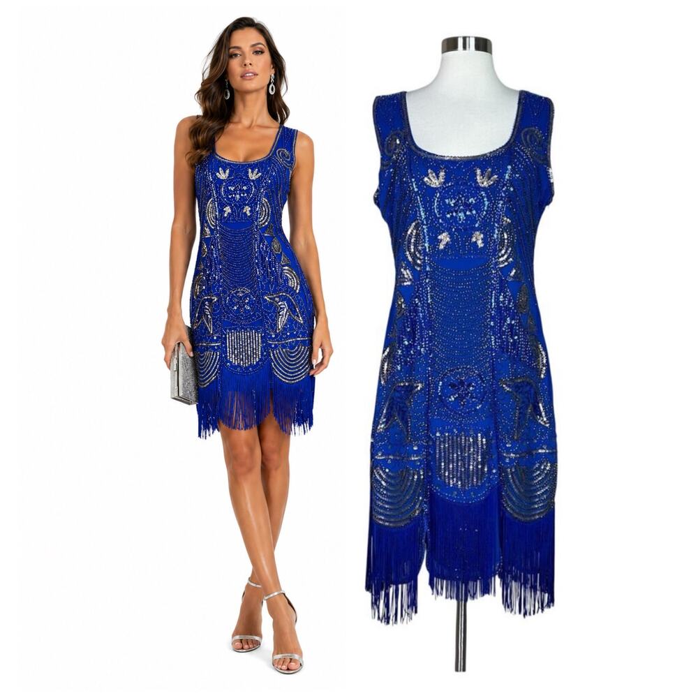 NEW Unique Vintage | Beaded Blue Sequin Fringe Flapper Art Deco Cocktail Dress L